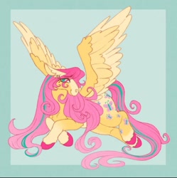 Size: 1430x1436 | Tagged: safe, artist:inky_sparrow, imported from derpibooru, fluttershy, pegasus, long hair, redesign, sitting, solo, spread wings, wings