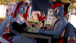 Size: 3840x2160 | Tagged: safe, artist:loveslove, imported from derpibooru, oc, oc only, oc:lovers, alicorn, anthro, bat pony, bat pony unicorn, hybrid, unicorn, 3d, alcohol, alicorn oc, bat ears, bat pony oc, bat wings, blurry background, bottle, breasts, busty oc, cheese, city, clothes, date, duo, duo male and female, female, flower, folded wings, food, glass, grapes, herbivore, high res, horn, jewelry, lamp, looking at each other, looking at someone, male, nail polish, necklace, necktie, romantic, smiling, smiling at each other, straight, strawberry, tail, tattoo, wine, wine bottle, wine glass, wings