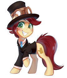 Size: 663x768 | Tagged: artist needed, safe, imported from derpibooru, oc, oc:canni soda, earth pony, pony, clothes, cute, goggles, hat, looking at you, necktie, raised hoof, simple background, smiling, smiling at you, solo, steampunk, suit, transparent background