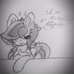 Size: 2818x2818 | Tagged: safe, artist:sodapop sprays, imported from derpibooru, oc, oc:sodapop sprays, pegasus, pony, chest fluff, ear fluff, half body, looking at you, monochrome, photo, shadow, smiling, smiling at you, solo, stupid, talking, traditional art