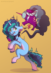 Size: 1500x2160 | Tagged: safe, artist:yarugreat, imported from derpibooru, opaline arcana, alicorn, pony, unicorn, spoiler:g5, angry, bipedal, coat markings, duo, fear, female, forked tongue, g5, hissing, jewelry, mare, medallion, misty brightdawn, my little pony: tell your tale, necklace, pendant, scared, simple background, sneaking, socks (coat markings), teary eyes, unshorn fetlocks, yellow background