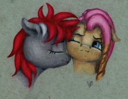 Size: 1839x1422 | Tagged: safe, artist:myzanil, imported from derpibooru, oc, oc only, oc:lady owlnot, oc:myza nil red, pegasus, pony, blushing, colored pencil drawing, couple, curly hair, ears back, embarrassed, eyes closed, female, nonbinary, not fluttershy, nuzzling, one eye closed, smiling, traditional art