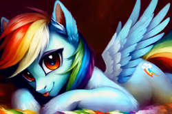 Size: 2016x1344 | Tagged: safe, artist:darbarri, derpibooru exclusive, imported from derpibooru, rainbow dash, pegasus, pony, ai assisted, ai content, detailed, ear fluff, generator:stable diffusion, looking at you, lying down, solo, spread wings, tongue out, wallpaper, wings