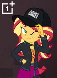 Size: 678x930 | Tagged: safe, edit, edited screencap, editor:nyrikiri, imported from derpibooru, screencap, sunset shimmer, human, display of affection, equestria girls, equestria girls series, cap, dreamworks face, female, flanksy, hat, never settle, one eye closed, oneplus, solo, wink