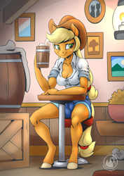 Size: 2171x3070 | Tagged: safe, artist:mysticalpha, imported from derpibooru, applejack, anthro, earth pony, unguligrade anthro, breasts, busty applejack, cider mug, cleavage, clothes, cowboy hat, female, freckles, hat, high res, indoors, mug, reasonably sized breasts, shirt, shorts, solo, stetson, watermark