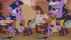 Size: 2000x1125 | Tagged: safe, edit, edited screencap, editor:quoterific, imported from derpibooru, screencap, twilight sparkle, unicorn, it's about time, season 2, book, floppy ears, future twilight, golden oaks library, unicorn twilight