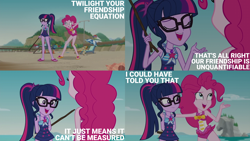 Size: 2000x1125 | Tagged: safe, edit, edited screencap, editor:quoterific, imported from derpibooru, screencap, pinkie pie, sci-twi, twilight sparkle, human, equestria girls, equestria girls series, friendship math, clothes, one-piece swimsuit, pinkie pie swimsuit, sci-twi swimsuit, swimsuit