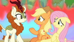 Size: 520x293 | Tagged: safe, imported from derpibooru, screencap, applejack, autumn blaze, fluttershy, earth pony, kirin, pegasus, pony, sounds of silence, animated, blowing, cloven hooves, cowboy hat, cute, ears back, female, fire, floppy ears, grin, gritted teeth, hat, hoofshake, leonine tail, mare, nirik fire, oops, smiling, tail, teeth, trio, trio female