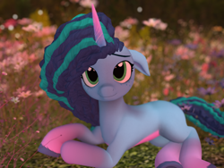 Size: 1600x1200 | Tagged: safe, imported from derpibooru, pony, unicorn, 3d, coat markings, cornrows, cute, female, floppy ears, flower, freckles, g5, game, game screencap, gradient hooves, gradient horn, grass, grass field, horn, looking at you, mare, misty brightdawn, mistybetes, multicolored mane, open pony, second life, smiling, socks (coat markings), solo, unshorn fetlocks