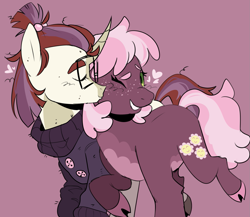 Size: 1497x1301 | Tagged: safe, artist:zowwyroo, imported from derpibooru, cheerilee, moondancer, earth pony, pony, unicorn, cheek kiss, cheerdancer, clothes, cloven hooves, crack shipping, curved horn, duo, duo female, female, glasses, horn, kissing, lesbian, purple background, shipping, simple background, sweater