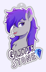 Size: 2040x3181 | Tagged: safe, artist:autumnsfur, imported from derpibooru, oc, oc only, oc:glitter stone, earth pony, pony, badge, blue eyes, bust, con badge, diamond, digital art, eyelashes, eyeshadow, female, g4, g5, gray coat, grey fur, happy, long hair, long mane, looking at something, looking sideways, makeup, mare, name, open mouth, outline, portrait, purple eyes, purple hair, purple mane, simple background, smiling, solo, text, tongue out, white outline