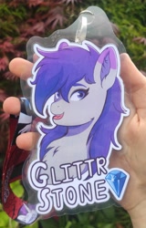 Size: 2232x3480 | Tagged: safe, artist:autumnsfur, imported from derpibooru, oc, oc only, oc:glitter stone, earth pony, human, pony, badge, bust, con badge, diamond, digital art, eyelashes, eyeshadow, female, g4, g5, gray coat, gray fur, happy, irl, irl human, lanyard, long hair, long mane, looking at something, looking sideways, makeup, mare, name, open mouth, outline, photo, portrait, purple eyes, purple hair, purple mane, simple background, smiling, solo, text, tongue out, white outline