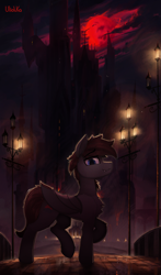 Size: 2059x3500 | Tagged: safe, artist:uliovka, imported from derpibooru, oc, oc only, oc:hunter blood moon, bat pony, pony, blood moon, castle, looking at you, moon, night, scenery