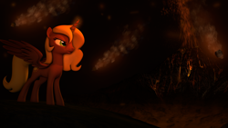 Size: 1920x1080 | Tagged: safe, artist:skyarrow, imported from derpibooru, oc, oc only, oc:glorious sunrise, alicorn, pony, 3d, female, fire, lava, mare, solo, source filmmaker, volcano
