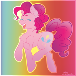 Size: 2000x2000 | Tagged: safe, artist:dankpegasista, derpibooru exclusive, imported from derpibooru, pinkie pie, earth pony, pony, big tail, chest fluff, colored eyelashes, colored lineart, colorful, curly mane, cute, diapinkes, ear fluff, eyebrows, eyes closed, female, fluffy hair, full body, gradient background, gradient mane, happy, high res, jumping, krita, long eyelashes, mare, open mouth, open smile, outline, pink coat, pink mane, png, rainbow background, raised hoof, signature, simple, simple background, simple shading, smiling, solo, sternocleidomastoid, tail, three quarter view, walking, wall of tags, wide smile