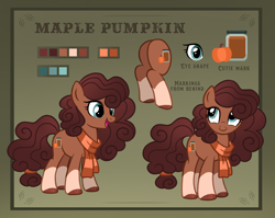 Size: 1640x1306 | Tagged: safe, artist:pgthehomicidalmaniac, imported from derpibooru, oc, oc:maple pumpkin, earth pony, pony, base used, brown coat, brown mane, brown tail, butt, clothes, coat markings, curly mane, cute, female, mare, plot, quadrupedal, reference sheet, scarf, socks (coat markings), solo, tail