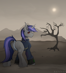 Size: 1900x2100 | Tagged: safe, artist:rarafox, imported from derpibooru, oc, oc only, oc:dreaming star, bat pony, bat pony unicorn, hybrid, pony, unicorn, fallout equestria, butt, clothes, commission, dead tree, dock, fangs, horn, jumpsuit, looking back, male, pale belly, pipbuck, plot, red eyes, solo, stallion, tail, tree, vault suit, wasteland, ych result