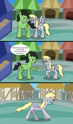 Size: 1920x3240 | Tagged: safe, artist:platinumdrop, imported from derpibooru, derpy hooves, oc, oc:anon, oc:anon stallion, earth pony, pegasus, pony, biting, comic, commission, crying, drool, female, food stand, house, houses, male, mare, ponyville, running, sad, scolding, speech bubble, spread wings, stallion, tail, tail bite, wings