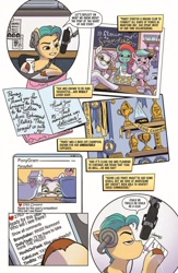 Size: 1000x1537 | Tagged: safe, artist:amymebberson, idw, imported from derpibooru, hitch trailblazer, earth pony, pony, spoiler:comic, spoiler:g5comic, spoiler:g5comic12, adordahlia, apron, baking, baking sheet, blaze (coat marking), blinds, bowl, card, cellphone, chalkboard, clothes, club, coat markings, coffee cup, comments, cup, cupcake, cute, dahlia, dialogue, english, facial markings, female, flower, flower in hair, food, frosting, g5, glasses, group, happy, headphones, hoof heart, hoof hold, jazz hooves, jazzibetes, male, mare, microphone, milk, mixer, mixing bowl, narration, notebook, official comic, pansy silverbell, phone, photo, ponygram, poster, ribbon, sash, shelves, sheriff's badge, sipping, smartphone, social media, socks (coat markings), spatula, stallion, table, text, they know, trophy, underhoof, unshorn fetlocks, upside-down hoof heart, writing