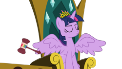 Size: 5989x3369 | Tagged: safe, artist:synch-anon, artist:twiforce, edit, imported from derpibooru, twilight, twilight sparkle, alicorn, pony, crown, eyes closed, female, gavel, jewelry, judge, mare, new crown, regalia, simple background, solo, spread wings, stern, transparent background, twilight sparkle (alicorn), twilight sparkle is not amused, unamused, wings