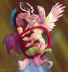 Size: 2160x2274 | Tagged: safe, artist:inky_sparrow, imported from derpibooru, discord, fluttershy, draconequus, pegasus, pony, abstract background, colored wings, digital art, discoshy, duo, duo male and female, eye contact, eyebrows, female, flower, flower in hair, gradient wings, high res, looking at each other, looking at someone, male, mare, mismatched wings, older, older fluttershy, shipping, signature, smiling, smiling at each other, spread wings, straight, wings