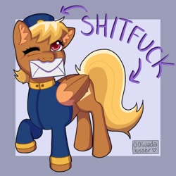 Size: 1080x1080 | Tagged: safe, artist:oowadakisser, imported from derpibooru, pegasus, pony, arrow, blonde, clothes, female, forced meme, hat, letter, mare, mouth hold, one eye closed, raised hoof, red eyes, shitfuck meme, signature, simple background, solo, swift reply, text, uniform, vulgar, wings, wink