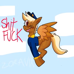 Size: 2000x2000 | Tagged: safe, artist:zoravix, imported from derpibooru, pegasus, pony, blonde, blue background, clothes, female, forced meme, hat, mare, one eye closed, red eyes, shitfuck meme, signature, simple background, solo, spread wings, swift reply, text, tongue out, uniform, vulgar, wings, wink