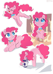 Size: 1341x1895 | Tagged: safe, artist:enderselyatdark, imported from derpibooru, pinkie pie, earth pony, pony, behaving like a dog, collar, cute, diapinkes, eating, eyes closed, female, jumping, lying down, mare, open mouth, open smile, pet tag, plushie, pony pet, prone, puppy pie, simple background, sitting, smiling, teddy bear, white background