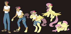 Size: 2840x1376 | Tagged: safe, artist:atcpony, imported from derpibooru, fluttershy, human, pegasus, pony, blushing, clothes, colored wings, cowering, eye color change, female, floppy ears, flower, flower in hair, flying, human to pony, male, male to female, missing cutie mark, open mouth, ripping clothes, rule 63, simple background, teary eyes, transformation, transformation sequence, transgender transformation, two toned wings, wings