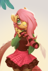 Size: 1599x2343 | Tagged: safe, artist:jewellier, imported from derpibooru, discord, fluttershy, anthro, pegasus, ai assisted, ai content, bags under eyes, choker, clothes, cute, draw this in your style, dtiys emoflat, evening gloves, feather, female, fingerless elbow gloves, fingerless gloves, gloves, grin, hair over one eye, hands together, head tilt, jacket, long gloves, looking up, mare, offscreen character, plaid skirt, shyabetes, simple background, skirt, smiling, solo, spiked choker, striped gloves, tail, wings