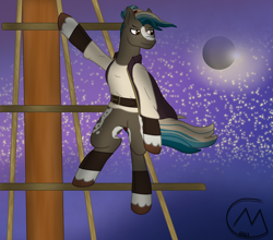 Size: 3200x2819 | Tagged: safe, artist:maître cervidé, imported from derpibooru, oc, oc:bon voyage, earth pony, clothes, eclipse, female, pirate, ship, solo, space, stars