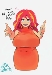 Size: 1400x2000 | Tagged: safe, artist:sozglitch, imported from derpibooru, sunset shimmer, human, big breasts, bilingual, breasts, busty sunset shimmer, chubby, clothes, dialogue, dress, female, floating heart, heart, huge breasts, humanized, looking at you, open mouth, open smile, outstretched arms, plump, smiling, smiling at you, solo, talking to viewer