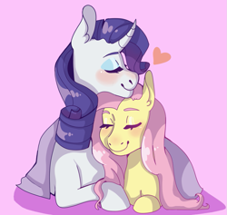 Size: 1081x1024 | Tagged: safe, artist:astrodrveams, imported from derpibooru, fluttershy, rarity, pegasus, pony, unicorn, blushing, cuddling, female, flarity, heart, lesbian, lying down, mare, neck nuzzle, pink background, shipping, simple background, smiling