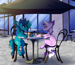 Size: 2300x2000 | Tagged: safe, artist:celes-969, imported from derpibooru, diamond tiara, oc, earth pony, pony, unicorn, cafe, chair, coffee, duo, sitting, table