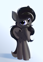 Size: 1400x2000 | Tagged: safe, artist:rainydark, imported from derpibooru, oc, oc only, pegasus, black and white, female, gray, grayscale, grey hair, looking at you, monochrome, pegasus oc, shadow, simple background, smiling, tooth