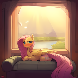 Size: 2048x2048 | Tagged: safe, editor:darkshy, imported from derpibooru, fluttershy, cat, pony, ai content, ai generated, bed, catified, couch, generator:purplesmart.ai, generator:stable diffusion, morning, on bed, pink hair, solo, species swap, yellow body