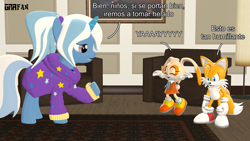 Size: 3413x1920 | Tagged: safe, artist:gradiusfanatic, imported from derpibooru, trixie, unicorn, alternate hairstyle, babysitter trixie, clothes, cream the rabbit, crossover, female, hoodie, male, miles "tails" prower, sonic the hedgehog (series)