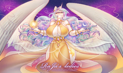 Size: 2519x1500 | Tagged: safe, artist:rajas_ledies, imported from derpibooru, princess celestia, alicorn, anthro, absolute cleavage, beautisexy, big breasts, breasts, busty princess celestia, cleavage, clothes, dress, female, goddess, huge breasts, jewelry, large wings, moon, sexy, solo, stars, sun, thighs, wide hips, wings