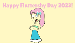 Size: 691x394 | Tagged: safe, artist:xxsteamboy, imported from derpibooru, fluttershy, human, equestria girls, 2023, crossed arms, female, fluttershy day, goanimate, looking at you, open mouth, simple background, smiling, solo, vyond, yellow background