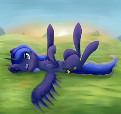 Size: 3500x3300 | Tagged: safe, artist:gaffy, imported from derpibooru, princess luna, alicorn, pony, female, grass, hooves in air, lying, lying down, lying in grass, mare, on back, solo