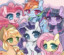 Size: 3845x3347 | Tagged: safe, artist:hinorica, imported from derpibooru, applejack, fluttershy, pinkie pie, rainbow dash, rarity, twilight sparkle, earth pony, pegasus, pony, unicorn, colored pupils, female, high res, looking at you, mane six, mare, open mouth, open smile, pink background, simple background, smiling, smiling at you