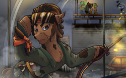 Size: 1920x1200 | Tagged: safe, artist:brainiac, imported from derpibooru, oc, oc:weld, earth pony, unicorn, fallout equestria, clothes, dreadlocks, ex-raider, fallout equestria:all things unequal (pathfinder), happy international workers day, male, mechanic, oil, osha violations, scar, stallion