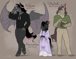 Size: 5199x4000 | Tagged: safe, artist:evehly, imported from derpibooru, oc, oc only, oc:eclipse, oc:obelisk, oc:penumbra, anthro, bat pony, hybrid, pegasus, unguligrade anthro, unicorn, bat pony pegasus, book, brother and sister, brothers, clothes, curved horn, digital art, dress, fangs, female, filly, foal, horn, male, offspring, pants, parent:fluttershy, parent:king sombra, parents:sombrashy, reading, shirt, siblings, smiling, stallion, standing, unicorn oc