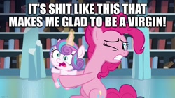 Size: 1280x720 | Tagged: safe, edit, edited screencap, imported from derpibooru, screencap, pinkie pie, princess flurry heart, alicorn, earth pony, the crystalling, baby, caption, disgusted, gross, image macro, text, virgin, virginity, vulgar