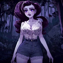 Size: 900x900 | Tagged: safe, imported from derpibooru, rarity, human, equestria girls, legend of everfree, ai content, ai generated, belt, big breasts, blouse, breasts, busty rarity, clothes, denim, denim shorts, female, forest, generator:stable diffusion, humanized, night, shorts, solo, standing