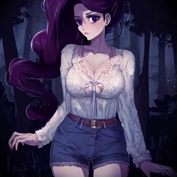 Size: 900x900 | Tagged: safe, imported from derpibooru, rarity, human, equestria girls, legend of everfree, ai content, ai generated, belt, big breasts, blouse, breasts, busty rarity, cleavage, clothes, denim, denim shorts, female, forest, generator:stable diffusion, humanized, looking at you, night, shorts, solo, standing