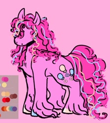 Size: 1555x1747 | Tagged: safe, artist:rare-apples, imported from derpibooru, pinkie pie, earth pony, pony, 2d, colored, digital art, female, fetlock tuft, mare, redesign, reference sheet, sketch, smiling, solo, unshorn fetlocks