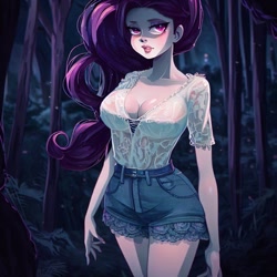 Size: 900x900 | Tagged: safe, imported from derpibooru, rarity, human, equestria girls, legend of everfree, ai content, ai generated, big breasts, blouse, breasts, busty rarity, cleavage, clothes, denim, denim shorts, female, forest, generator:stable diffusion, humanized, looking at you, night, shorts, solo, wrong eye color