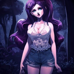 Size: 900x900 | Tagged: safe, imported from derpibooru, rarity, human, equestria girls, legend of everfree, ai content, ai generated, big breasts, breasts, busty rarity, cleavage, clothes, denim, denim shorts, female, forest, generator:stable diffusion, humanized, looking at you, night, shorts, solo, standing