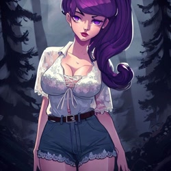 Size: 900x900 | Tagged: safe, imported from derpibooru, rarity, human, equestria girls, legend of everfree, ai content, ai generated, alternate hairstyle, belt, big breasts, blouse, breasts, busty rarity, cleavage, clothes, denim, denim shorts, female, forest, generator:stable diffusion, night, ponytail, shorts, solo